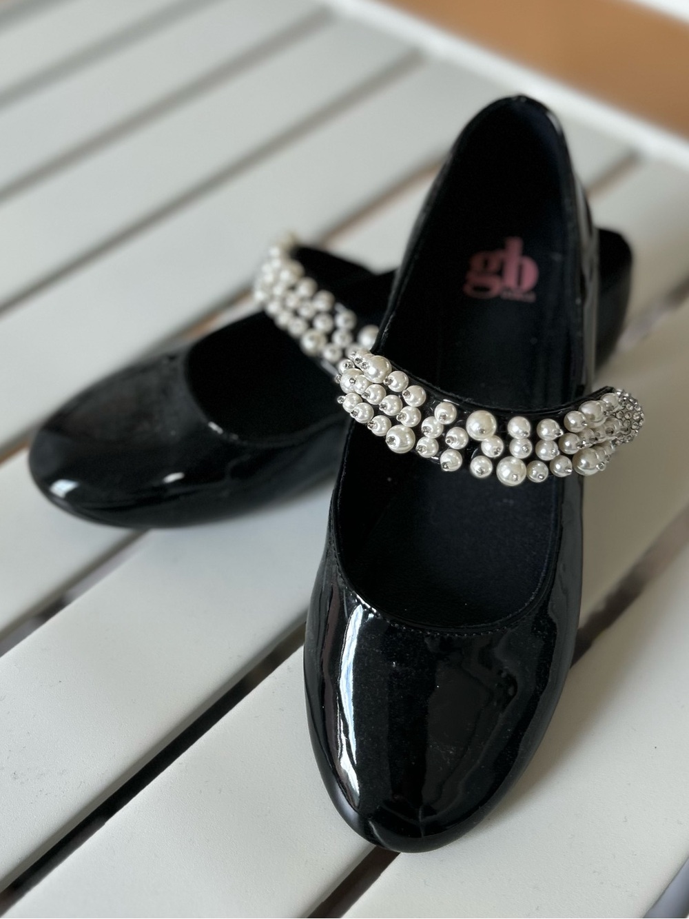 GB girls Black Patent Mary Janes with Pearl-Strap